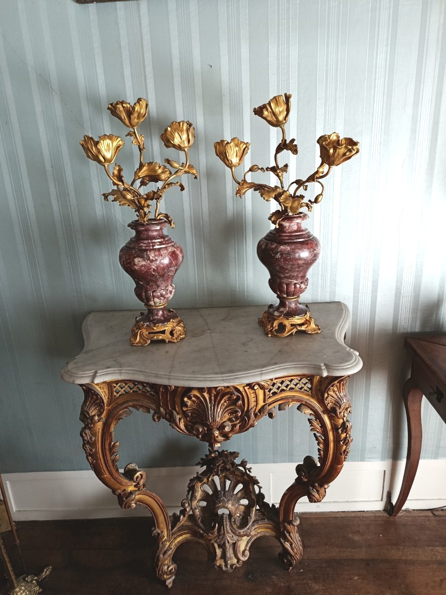 Pair Of Louis XV-style Candelabra In Marble And Gilded Bronze