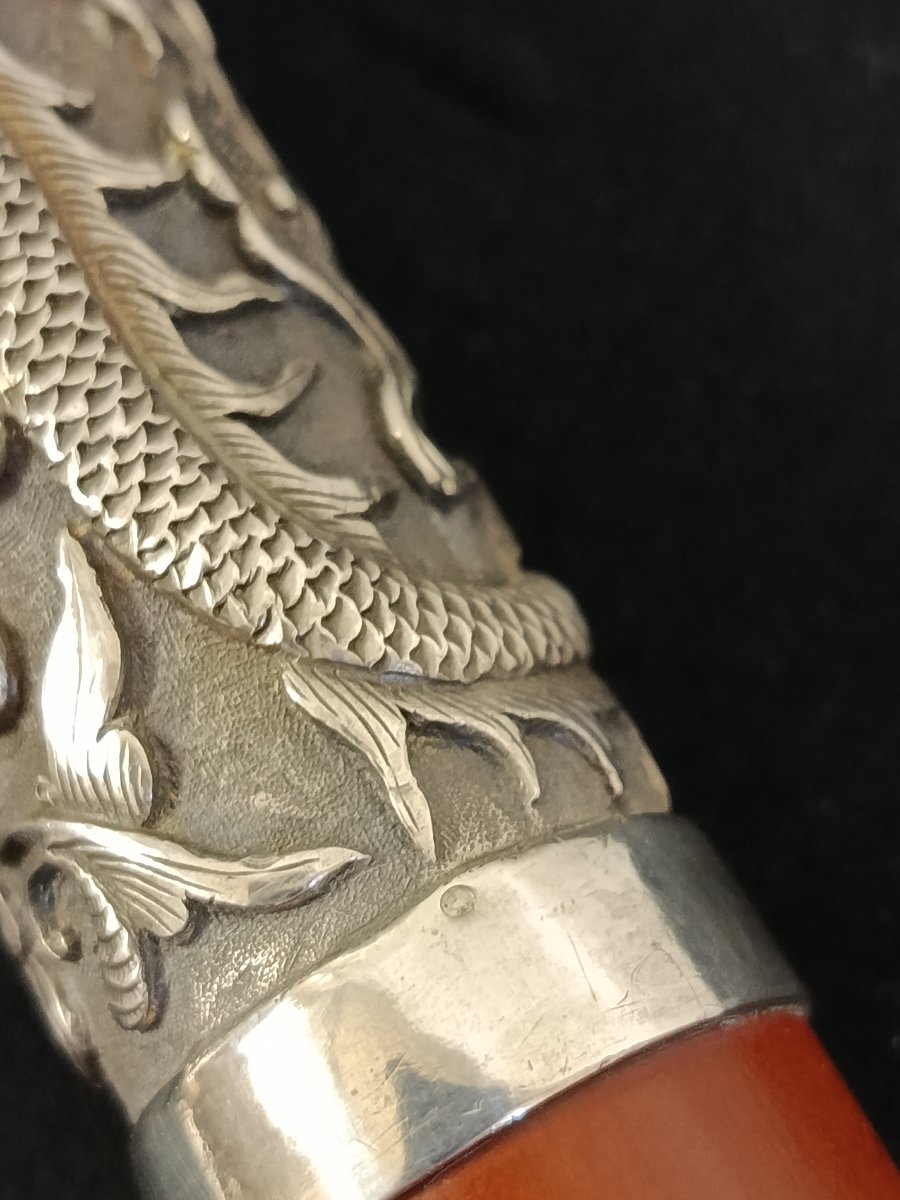 Canne travail indochinois poignée argent decor de dragons-photo-3