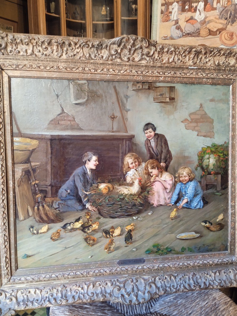 Luigi Moretti Tableau Scène De Genre à La Couvée De Poussins