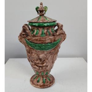 Vase Couvert En Faience Barbotine D Apres Clodion XIX