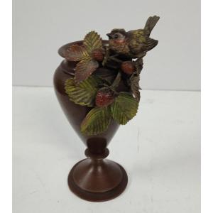 Bronze De Vienne : Vase Passereau Sur Un Plant De Fraisier époque XIX