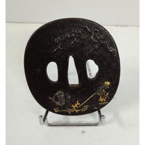 Tsuba De Fer Damasquiné Japon Période Edo  (1603  1868  )