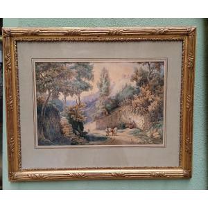 Fouquet Anatole Born In 1793 "watercolor Animated Landscape"