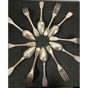 6couverts modèle au filet fin XIX argent massif minerve
