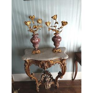 Pair Of Louis XV-style Candelabra In Marble And Gilded Bronze