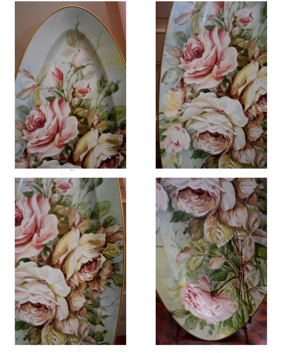 Grand Plat Décoratif En Porcelaine De Limoges, Décor Bouquet De Roses, Plat Ovale, XX ème-photo-2