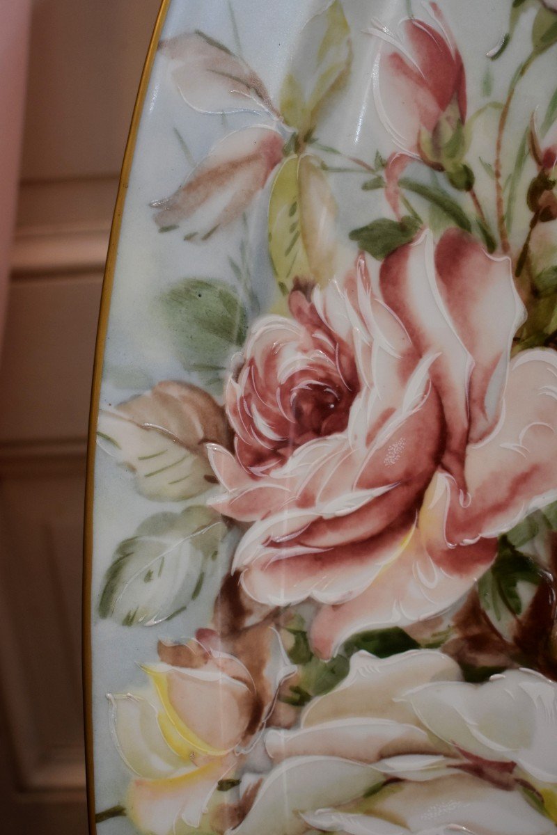 Grand Plat Décoratif En Porcelaine De Limoges, Décor Bouquet De Roses, Plat Ovale, XX ème-photo-3