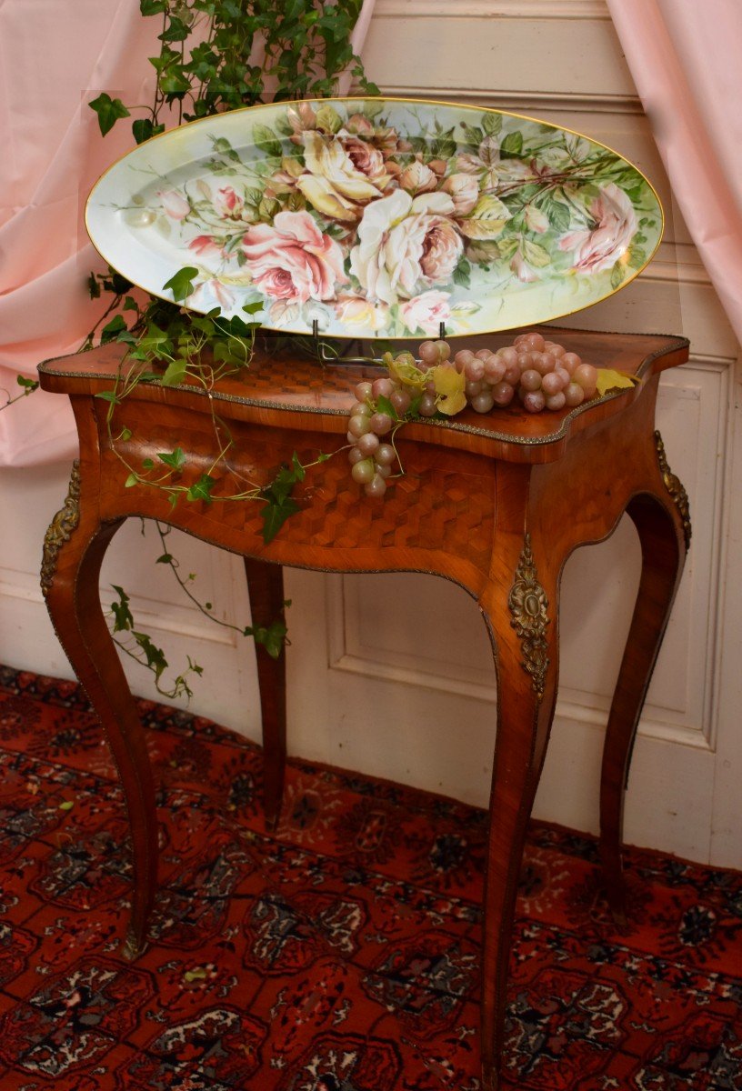 Grand Plat Décoratif En Porcelaine De Limoges, Décor Bouquet De Roses, Plat Ovale, XX ème-photo-6