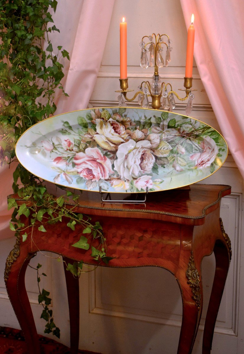 Grand Plat Décoratif En Porcelaine De Limoges, Décor Bouquet De Roses, Plat Ovale, XX ème