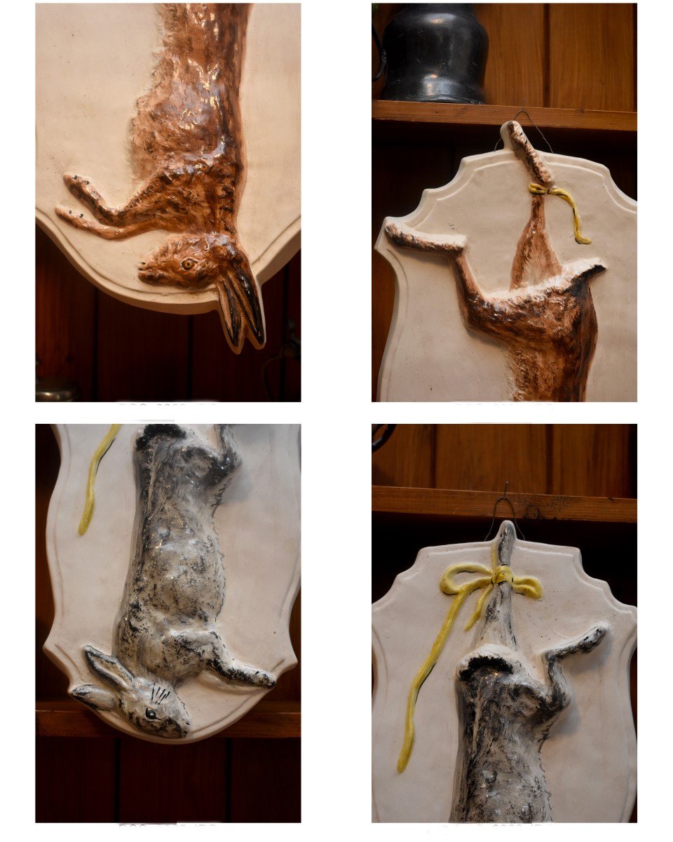 Suite De Quatre Grandes  Plaques En Biscuit Et Biscuit Emaill&eacute;, D&eacute;cor Aux  Troph&eacute;es De Chasse, Gibier,  Li&egrave;vre, Perdrix, Lapin et Grive, Milieu XX &egrave;me-photo-6