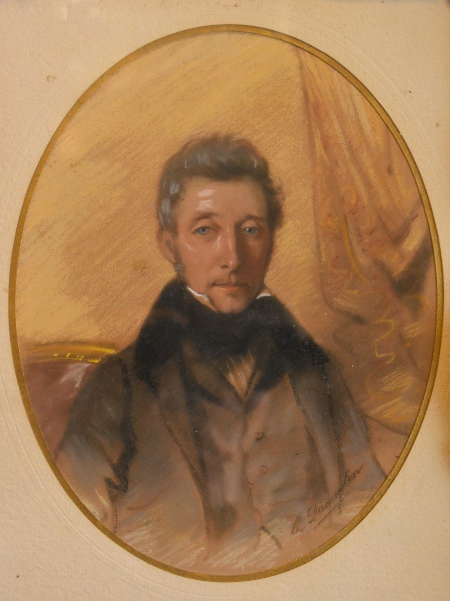 Pastel Signé, Portrait d'Un Elégant Aux Yeux Bleus, Portrait Romantique, Epoque XIX Eme-photo-4