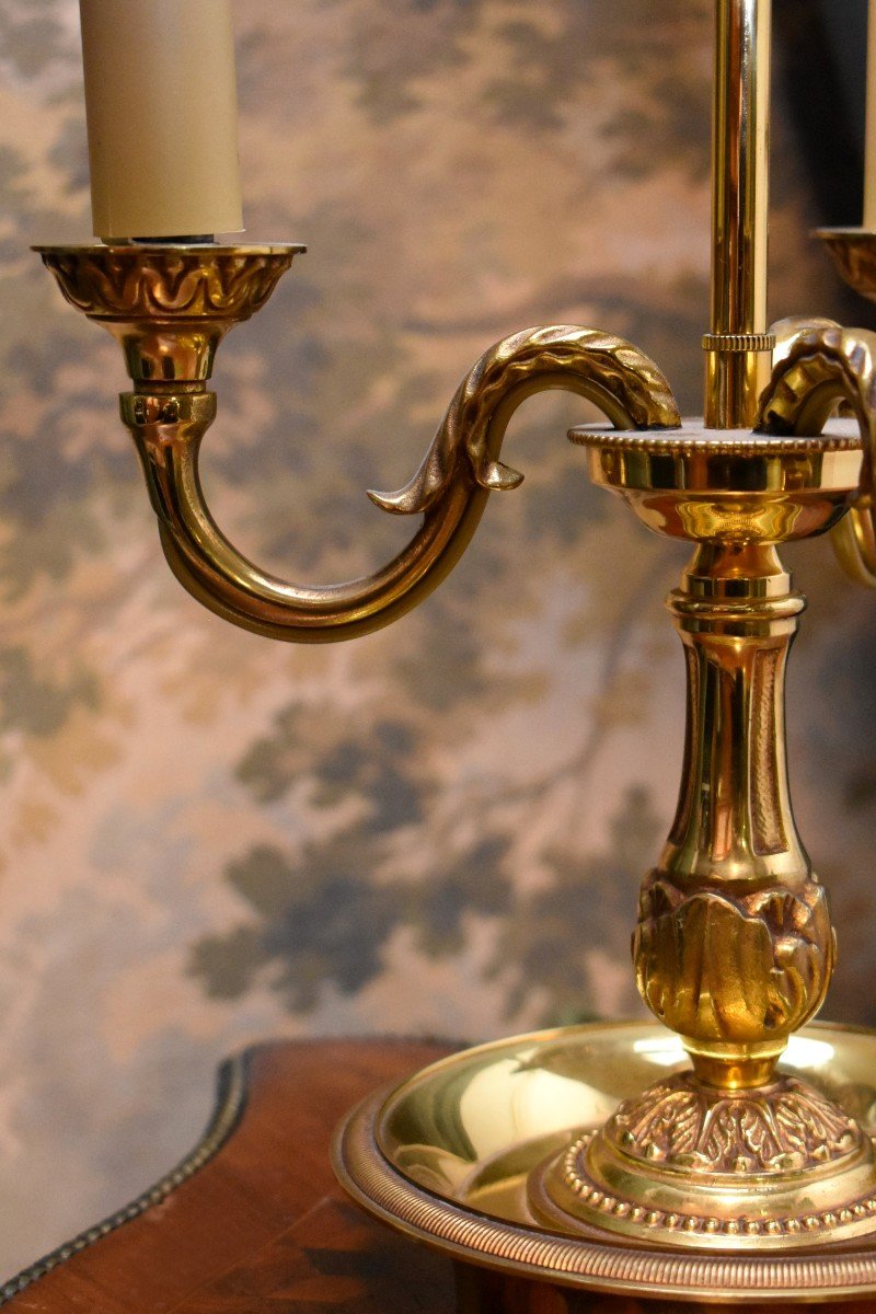 Bouillotte Lamp In Gilt Bronze Lighting With Three Arms Of Light, Green Lampshade-photo-4