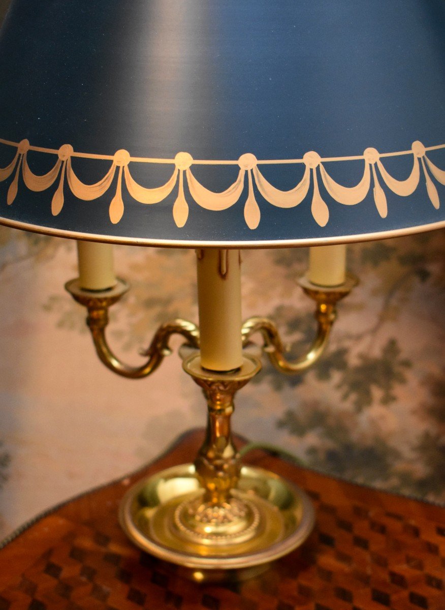 Bouillotte Lamp In Gilt Bronze Lighting With Three Arms Of Light, Green Lampshade-photo-7