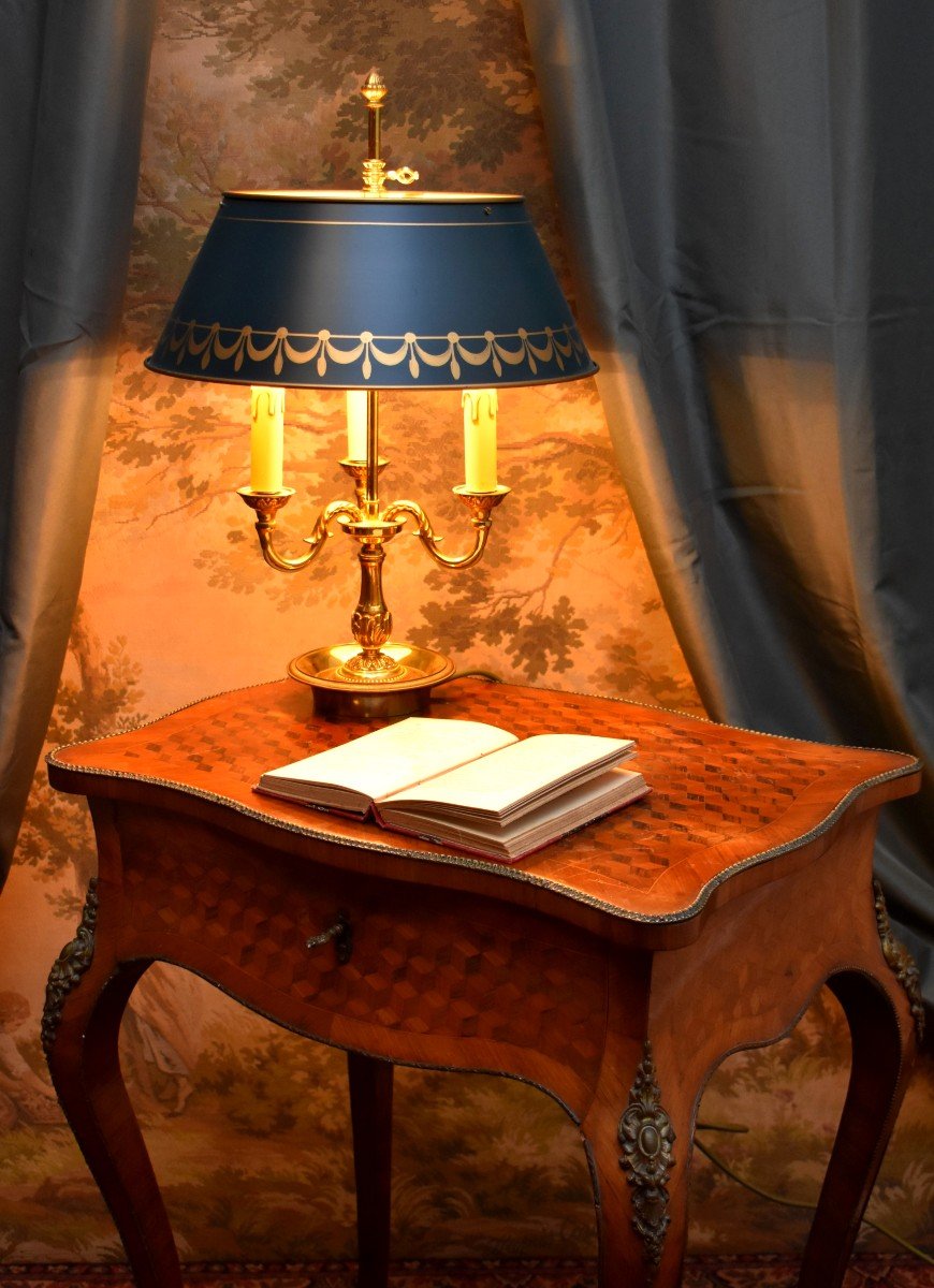 Bouillotte Lamp In Gilt Bronze Lighting With Three Arms Of Light, Green Lampshade