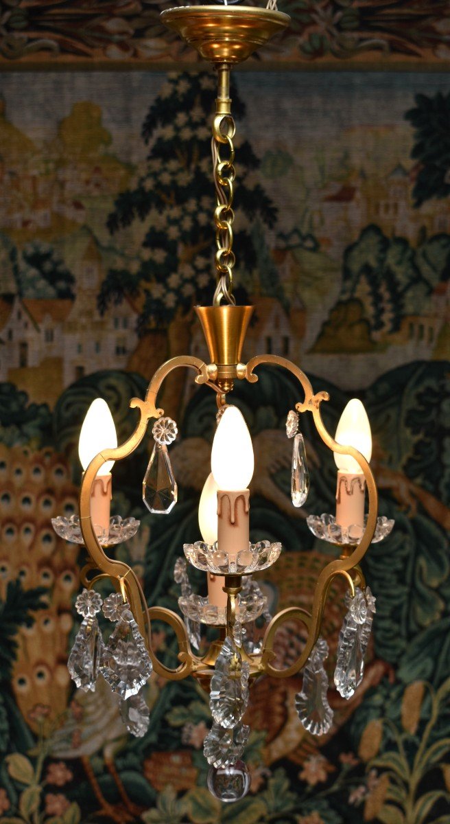 Cage Chandelier In Golden Brass And Crystal Pendants, Chandelier With Pendants, Four Lights, XX Eme-photo-2