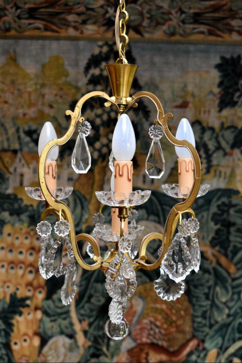 Cage Chandelier In Golden Brass And Crystal Pendants, Chandelier With Pendants, Four Lights, XX Eme-photo-3