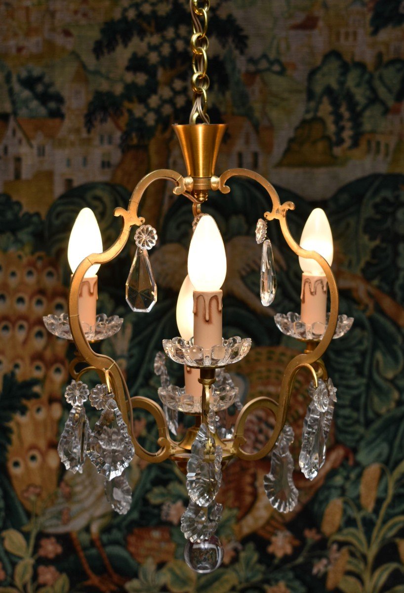 Cage Chandelier In Golden Brass And Crystal Pendants, Chandelier With Pendants, Four Lights, XX Eme-photo-4