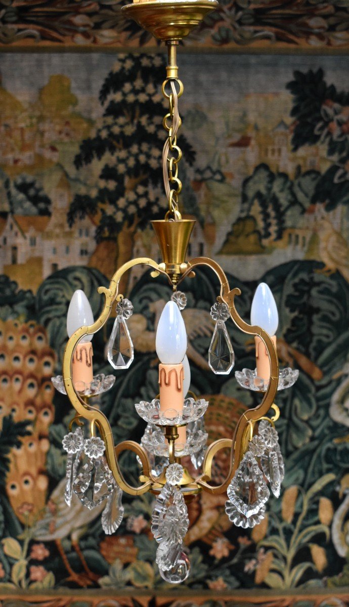 Lustre Cage En Laiton Doré Et Pampilles Cristal, Lustre à Pampillesde Style Louis XV, Eclairage à Quatre Feux, Lustre d'Entrée ,XX Eme