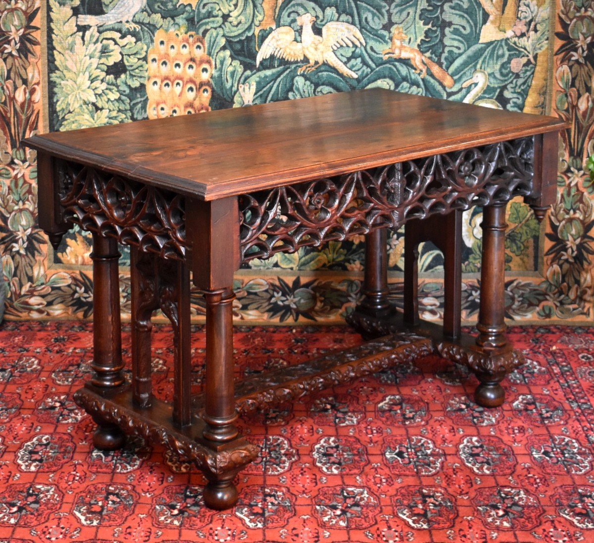Table De Style Gothique, Petit Bureau Neo-gothique, Console Neogothique, Ch&ecirc;ne , Table de Milieu, Epoque XIX Eme-photo-2