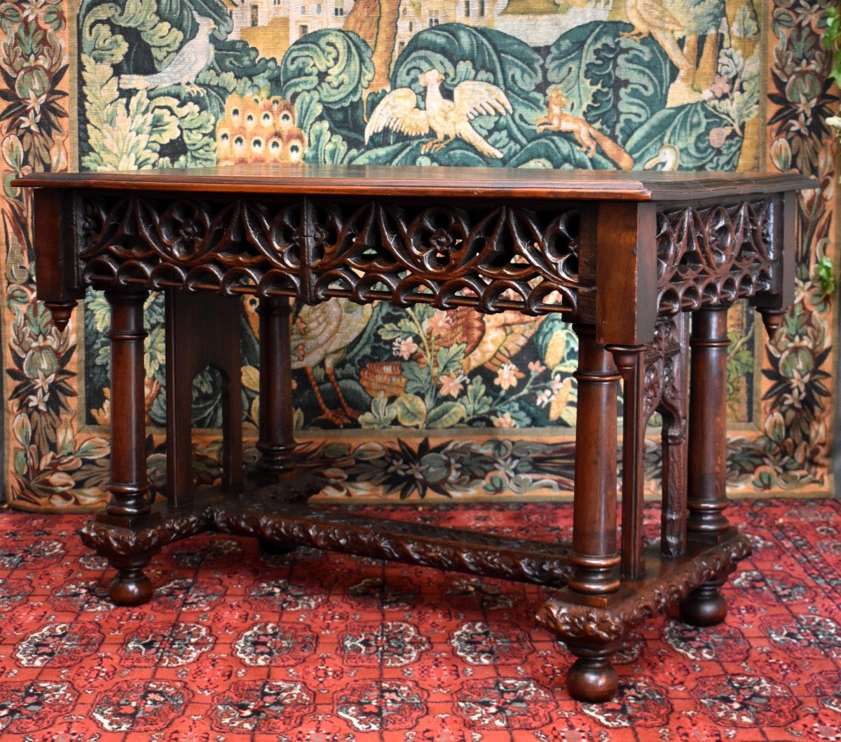 Table De Style Gothique, Petit Bureau Neo-gothique, Console Neogothique, Ch&ecirc;ne , Table de Milieu, Epoque XIX Eme-photo-3