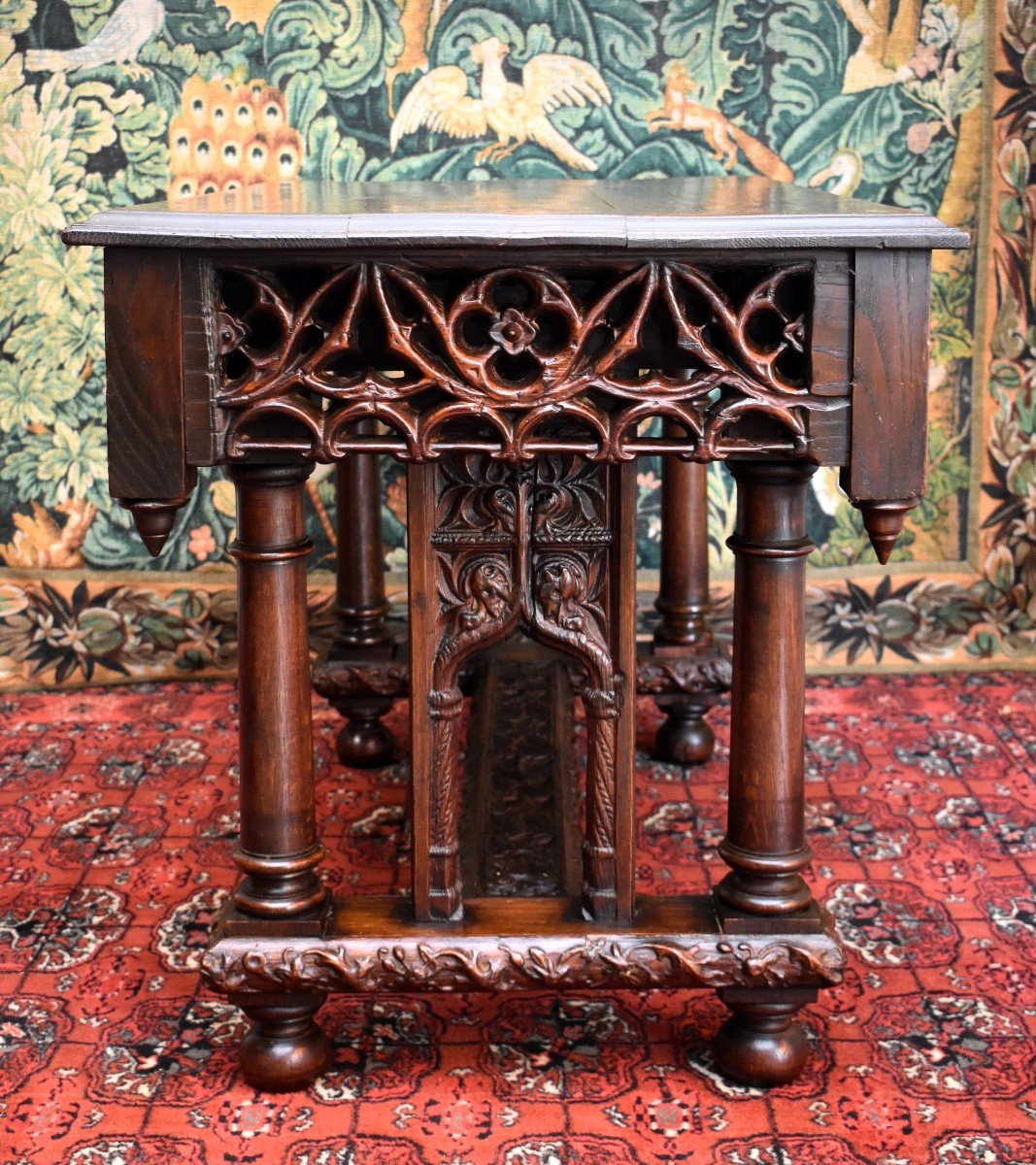 Gothic  Table, Neo-gothic Desk, Neo-gothic Console, Oak, XIX Th Century-photo-3