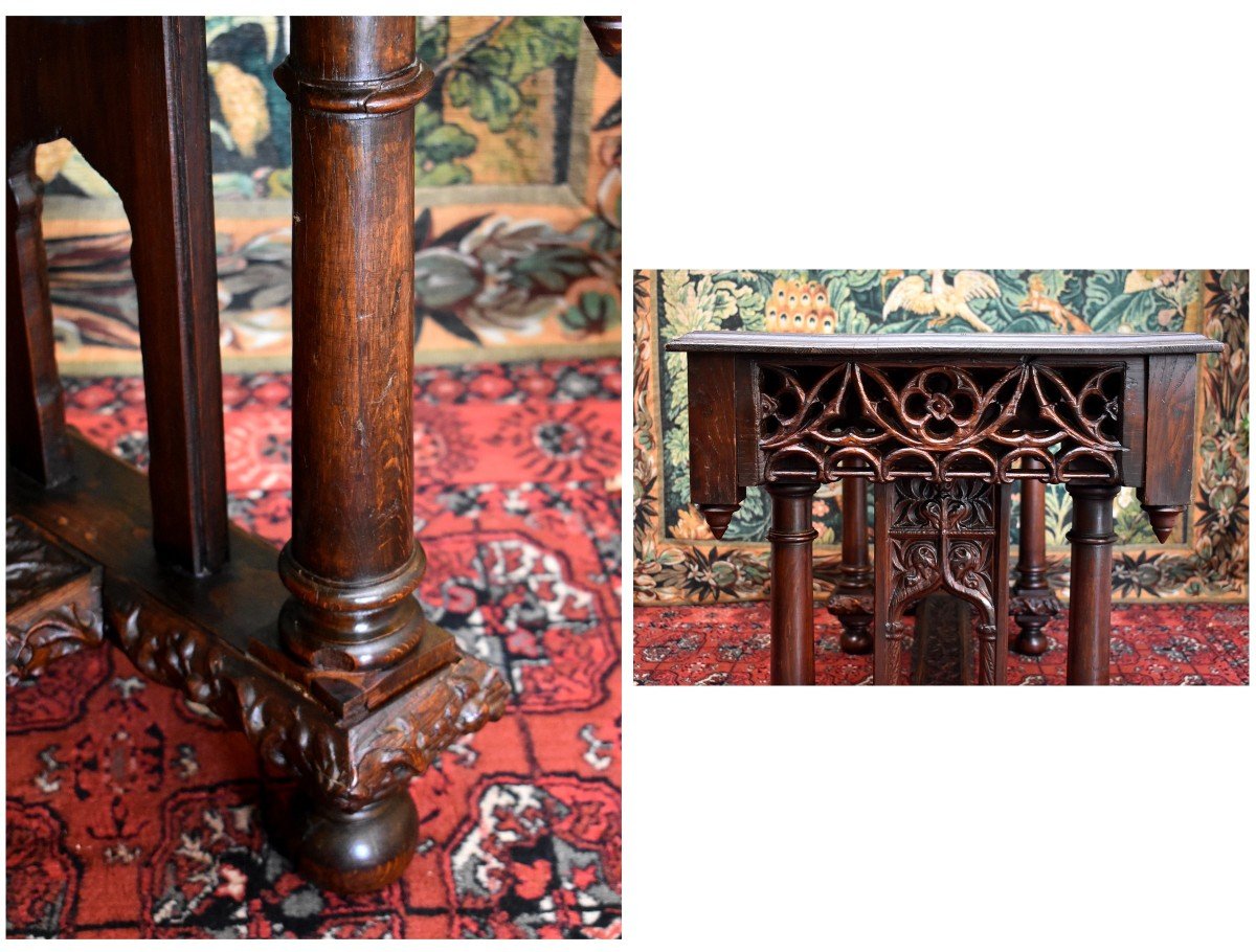 Gothic  Table, Neo-gothic Desk, Neo-gothic Console, Oak, XIX Th Century-photo-5