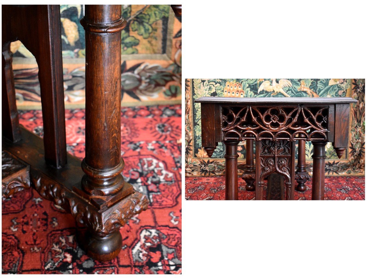 Table De Style Gothique, Petit Bureau Neo-gothique, Console Neogothique, Ch&ecirc;ne , Table de Milieu, Epoque XIX Eme-photo-5