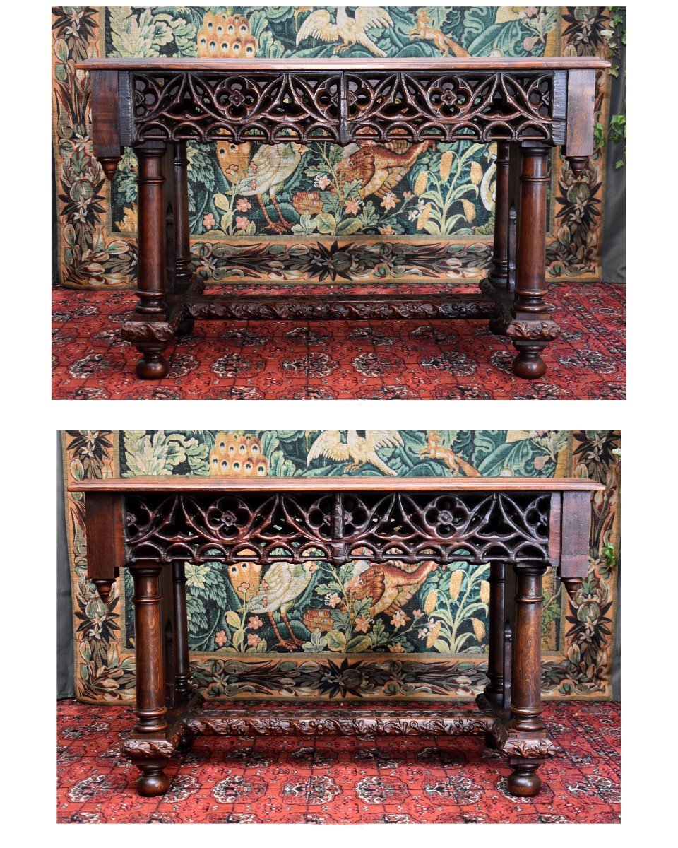 Table De Style Gothique, Petit Bureau Neo-gothique, Console Neogothique, Ch&ecirc;ne , Table de Milieu, Epoque XIX Eme-photo-7