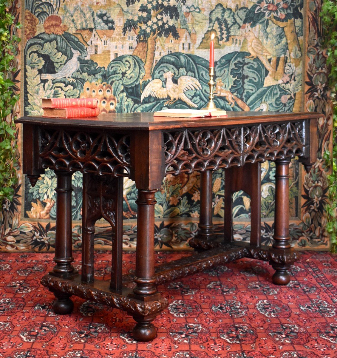 Gothic  Table, Neo-gothic Desk, Neo-gothic Console, Oak, XIX Th Century