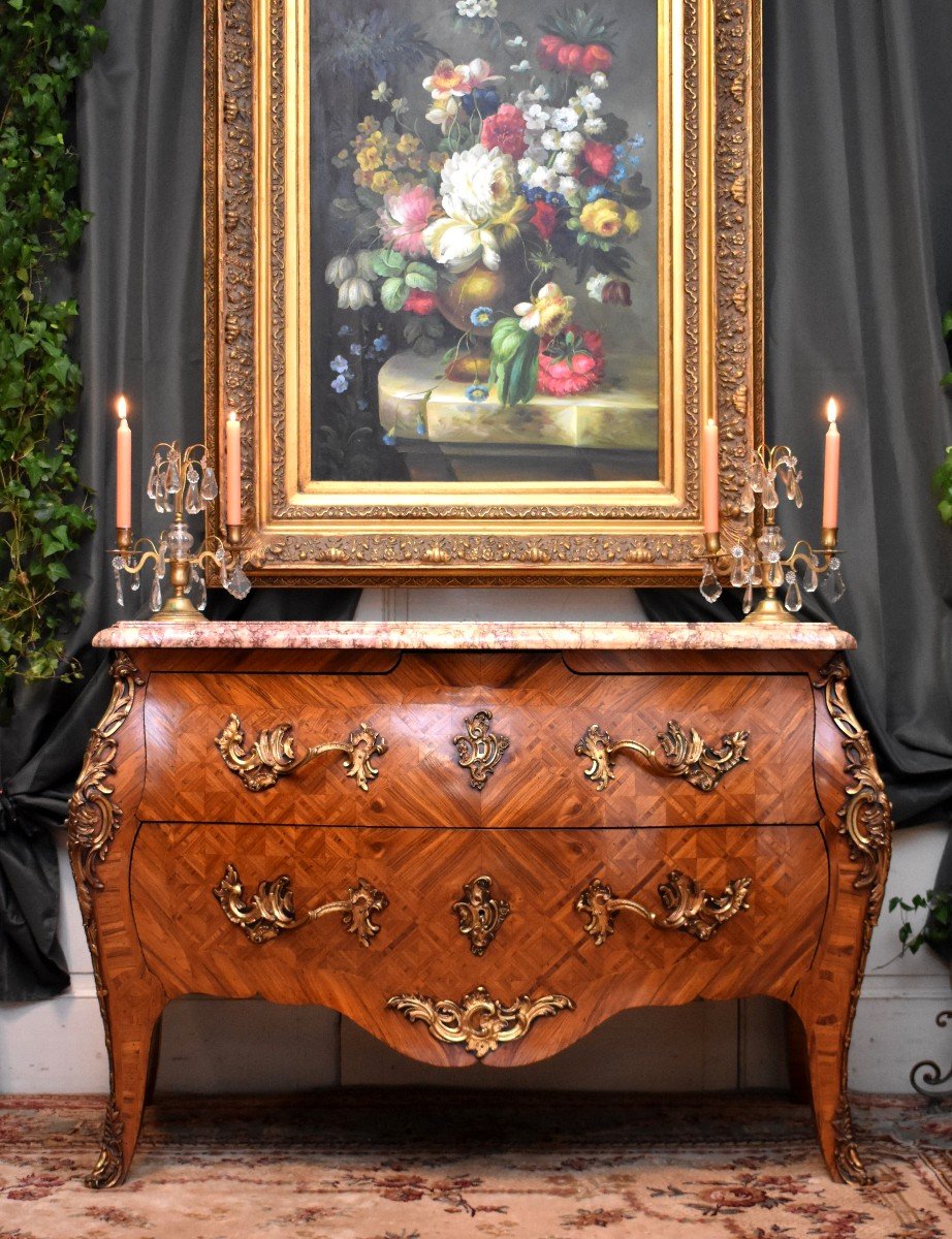 Dans le Go&ucirc;t de Migeon, Commode Galb&eacute;e Et Marquet&eacute;e De Style Louis XV , Commode Tombeau, Travail Des Faubourgs Parisiens , Epoque D&eacute;but XX eme-photo-3