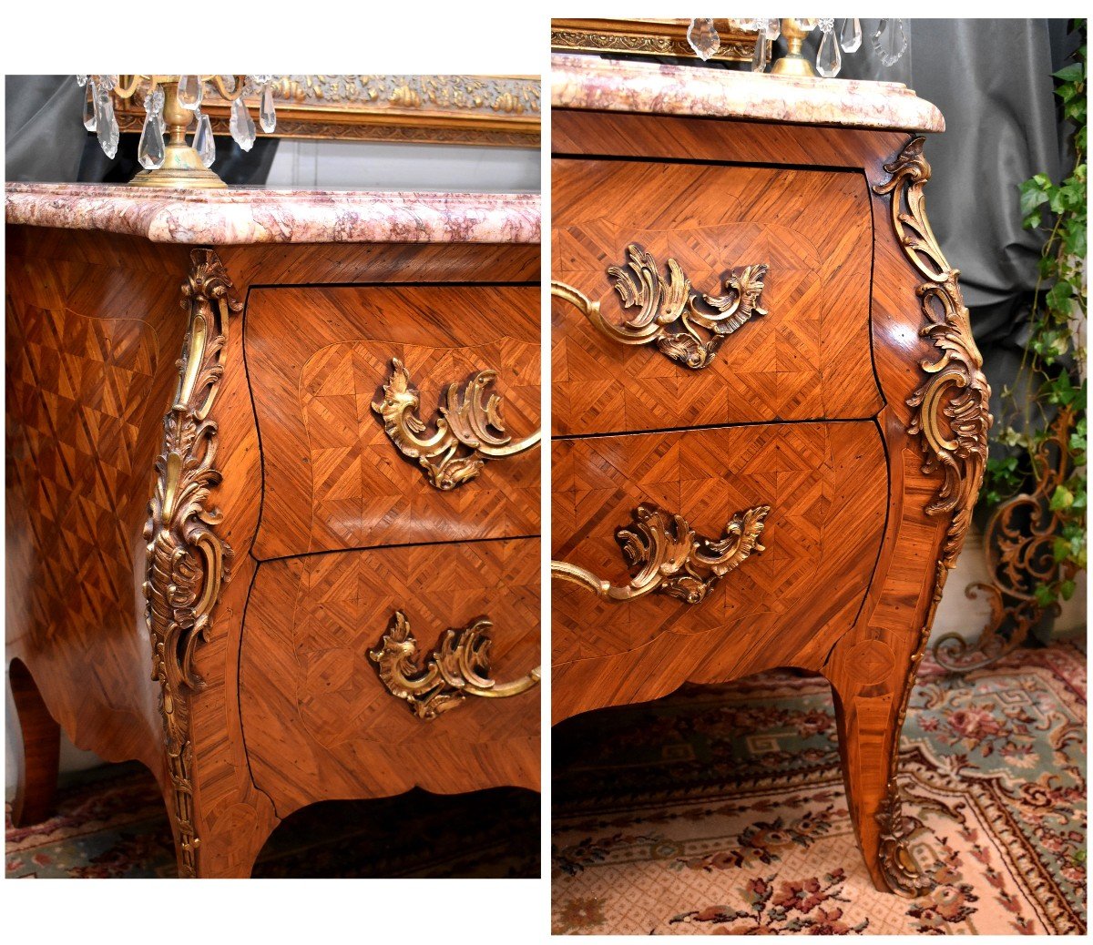 Dans le Go&ucirc;t de Migeon, Commode Galb&eacute;e Et Marquet&eacute;e De Style Louis XV , Commode Tombeau, Travail Des Faubourgs Parisiens , Epoque D&eacute;but XX eme-photo-4