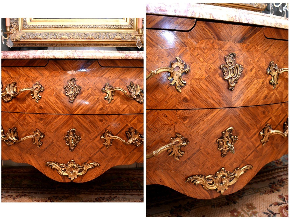 Dans le Go&ucirc;t de Migeon, Commode Galb&eacute;e Et Marquet&eacute;e De Style Louis XV , Commode Tombeau, Travail Des Faubourgs Parisiens , Epoque D&eacute;but XX eme-photo-5