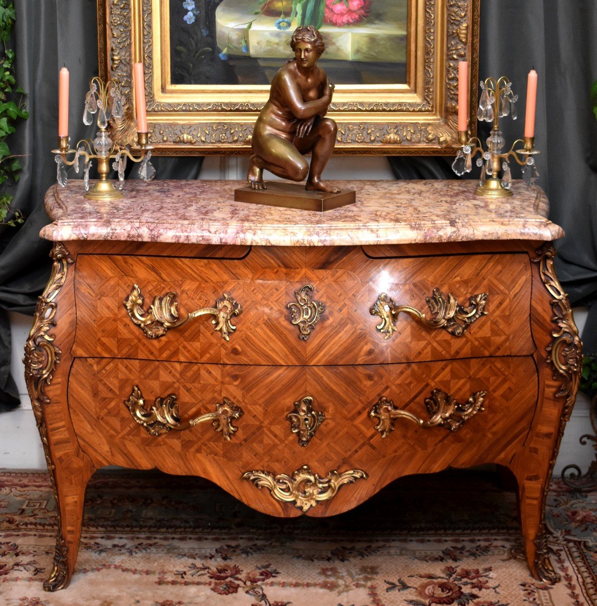 Dans le Go&ucirc;t de Migeon, Commode Galb&eacute;e Et Marquet&eacute;e De Style Louis XV , Commode Tombeau, Travail Des Faubourgs Parisiens , Epoque D&eacute;but XX eme-photo-8