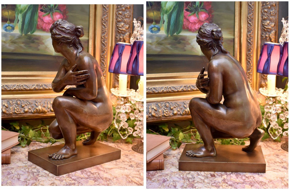 Bronze Statue After Antoine Coysevox (1640-1720), Crouching Venus, Early 20th Century-photo-1
