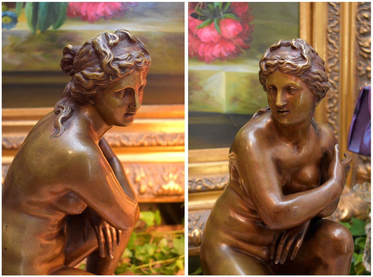 Bronze Statue After Antoine Coysevox (1640-1720), Crouching Venus, Early 20th Century-photo-5