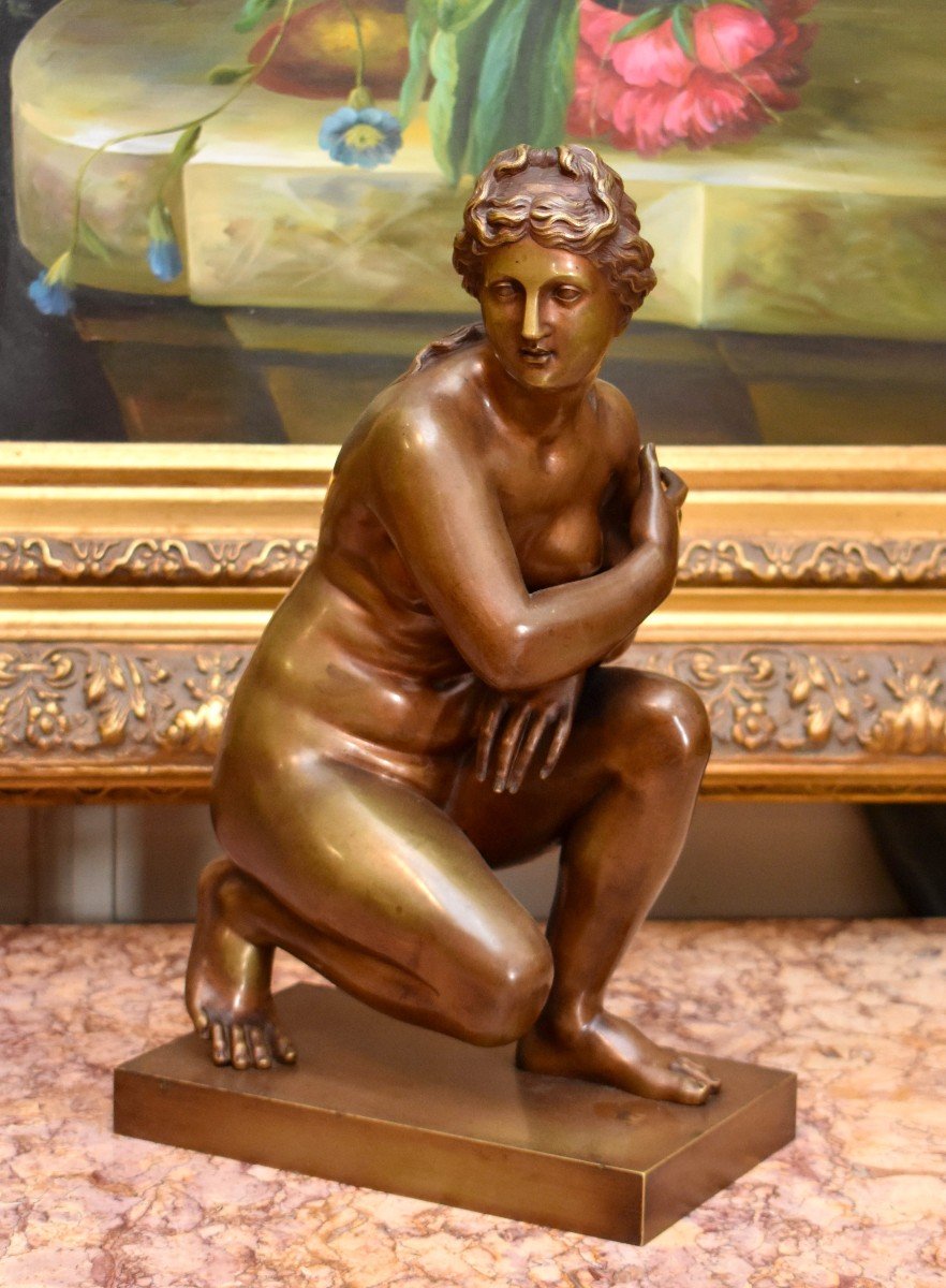 Bronze Statue After Antoine Coysevox (1640-1720), Crouching Venus, Early 20th Century-photo-8