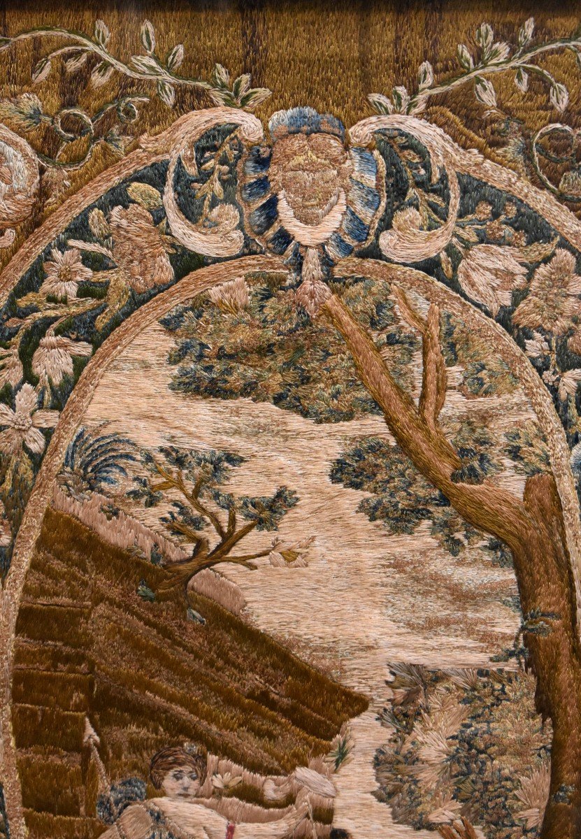 Very Large Embroidery On Silk From The Early 18th Century, Rare Orientalist Theme-photo-4