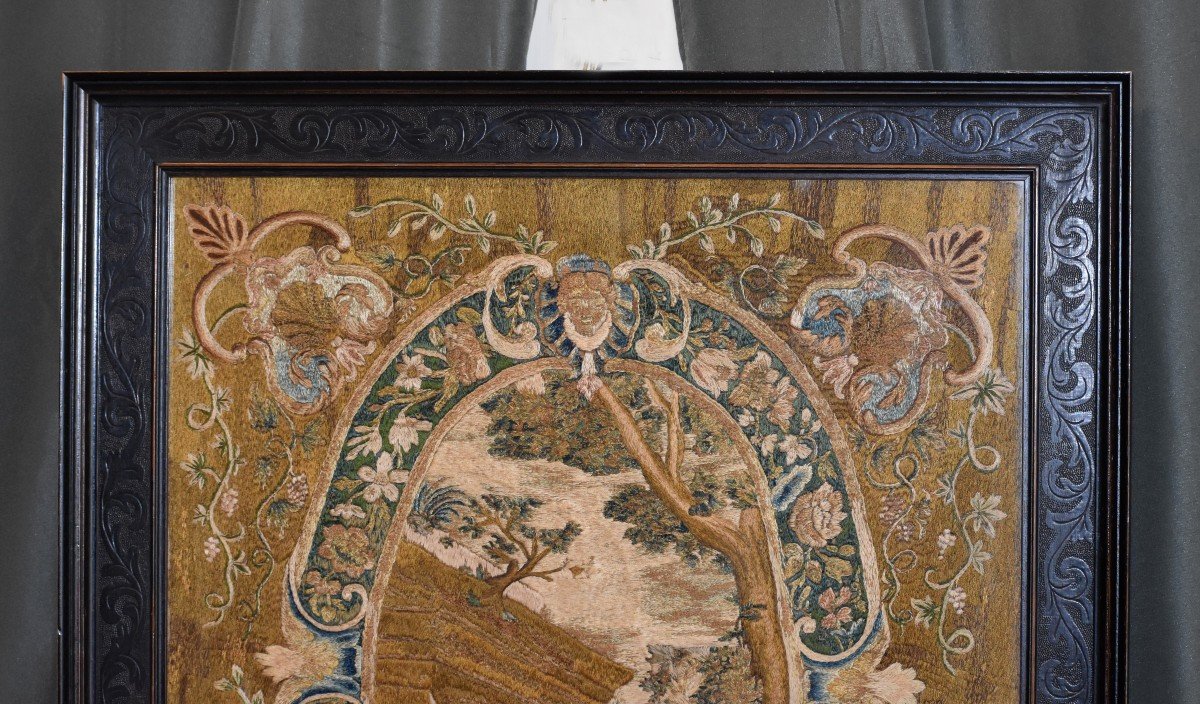 Très Grande Broderie Sur Soie d'Epoque Début XVIII Eme, Rare Thème Orientaliste, Peinture à L'aiguille-photo-5