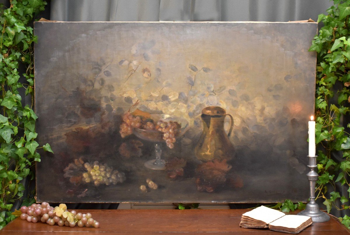 S. Gregory, 1914, Importante Nature Morte Aux Fruits d'Automne, Ecole Anglaise, Grande Huile Sur Toile 