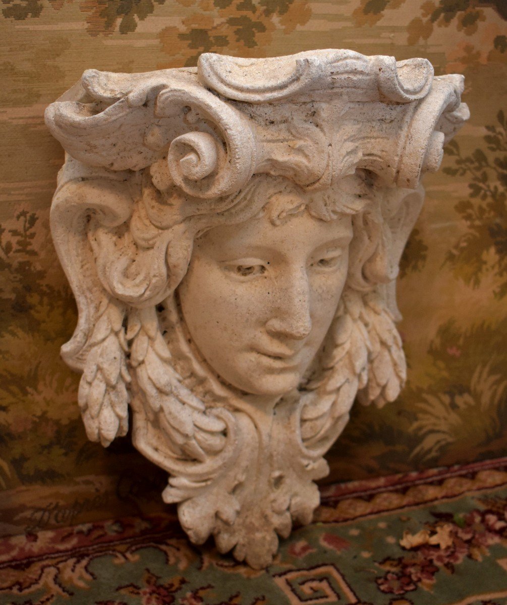 Pair Of Sconces Forming Planters In Reconstituted Stone, Decor With Mascarons, Garden Decoratio-photo-2