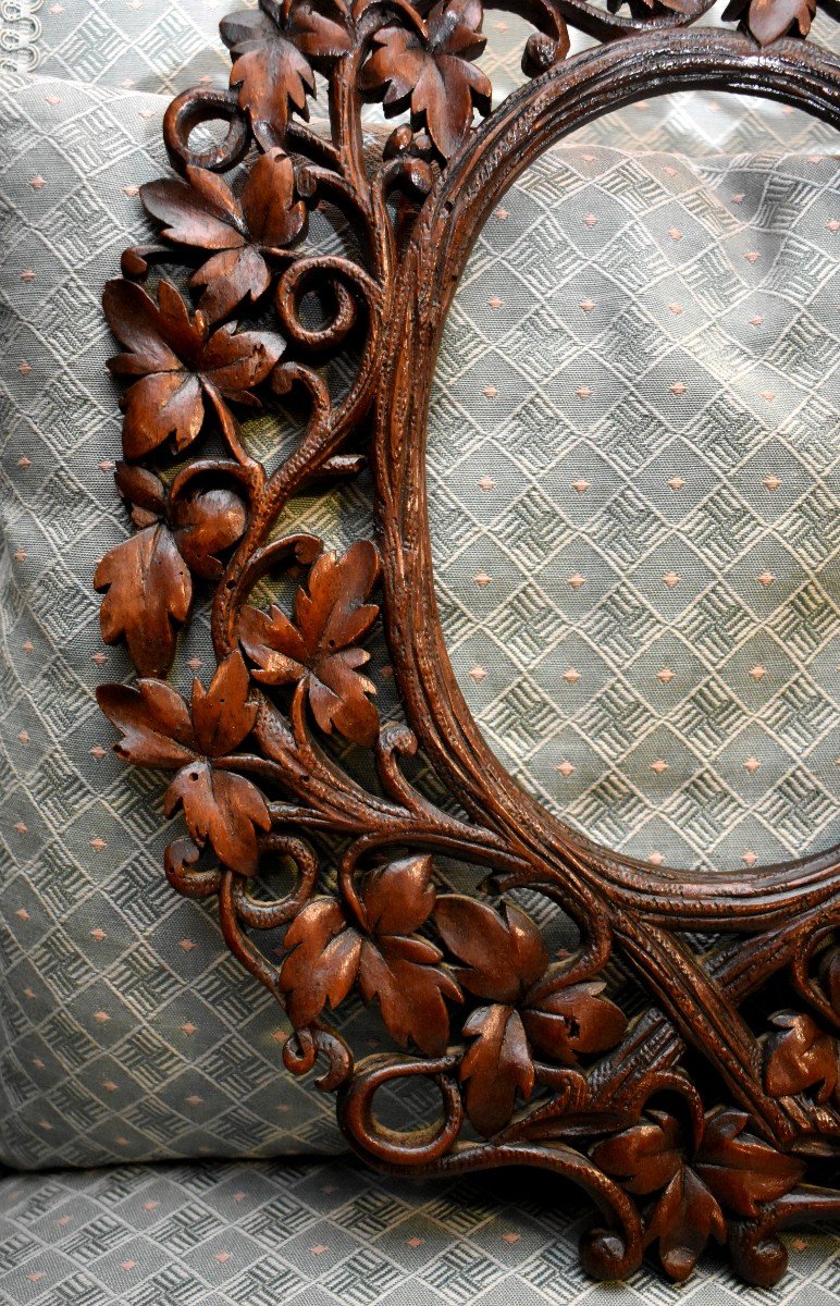 Oval Frame In Carved Wood In The "black Forest" Taste, Plant And Ivy Decor, Circa 1900-photo-4