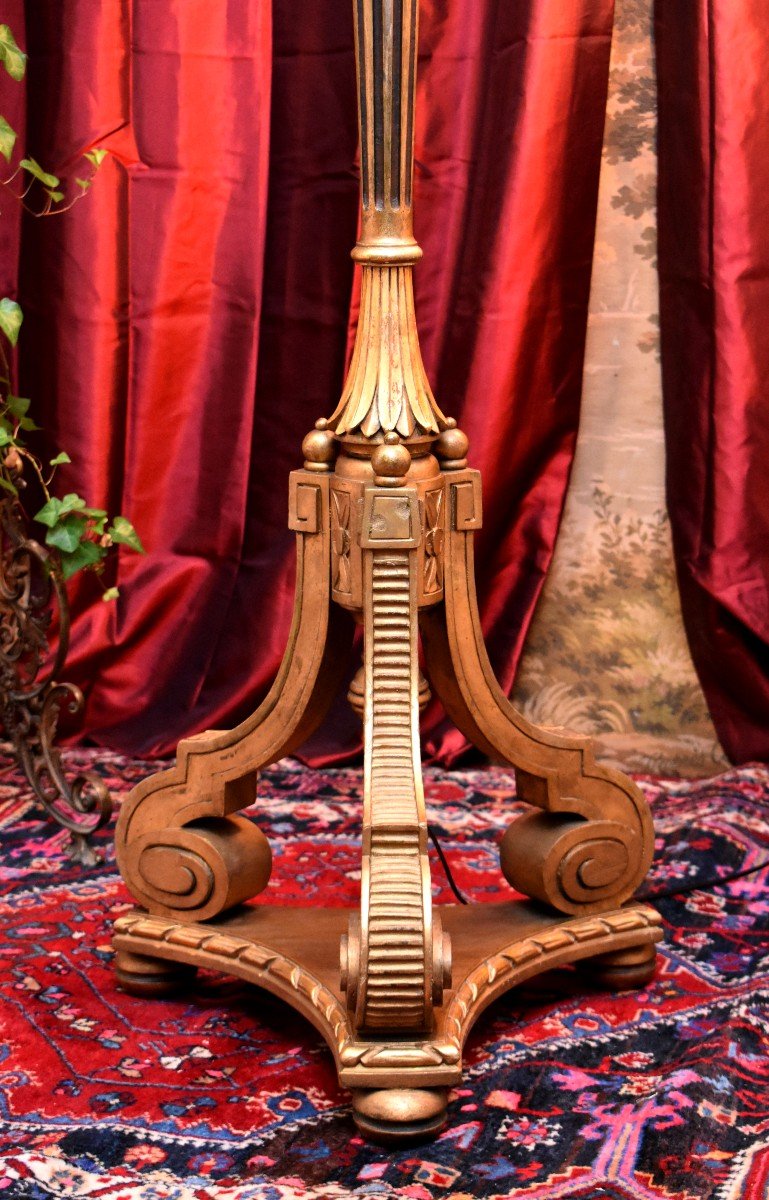 Grand Lampadaire En Bois Dor&eacute; De Style Louis XVI, Luminaire Bois Dor&eacute; Laqu&eacute; Or, Vers 1900-photo-2