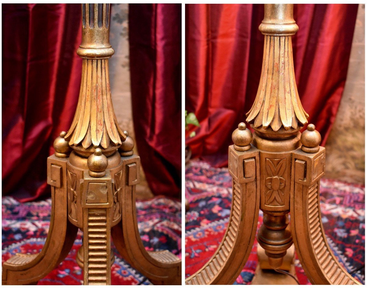 Grand Lampadaire En Bois Dor&eacute; De Style Louis XVI, Luminaire Bois Dor&eacute; Laqu&eacute; Or, Vers 1900-photo-5