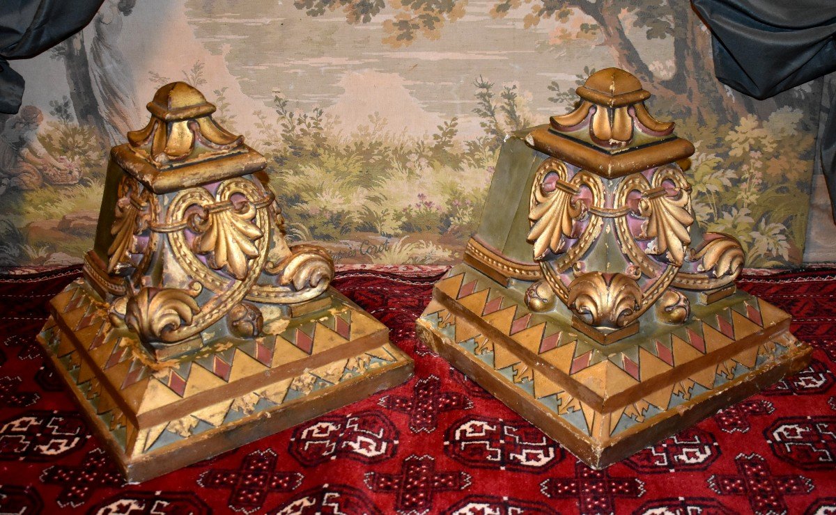 Pair Of Large Renaissance Style Wall Consoles In Polychrome Plaster, Statue Supports-photo-3