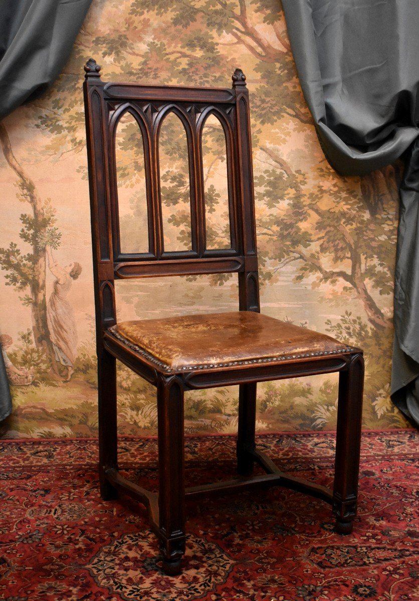 Gothic Style Chair, Leather Seat, Office Chair, 19th Century-photo-2
