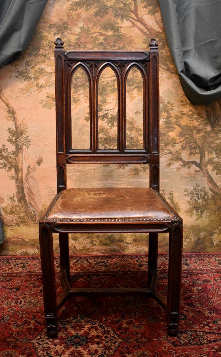 Chaise De Style Gothique , Assise Cuir, Chaise De Bureau, Epoque XIX ème-photo-3