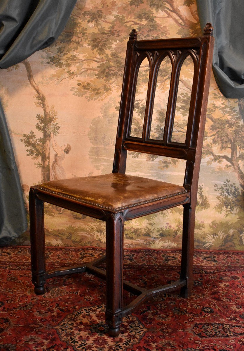 Gothic Style Chair, Leather Seat, Office Chair, 19th Century-photo-4