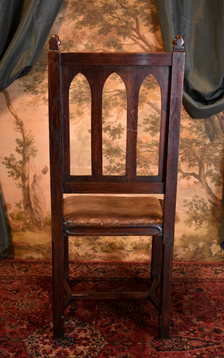 Gothic Style Chair, Leather Seat, Office Chair, 19th Century-photo-3
