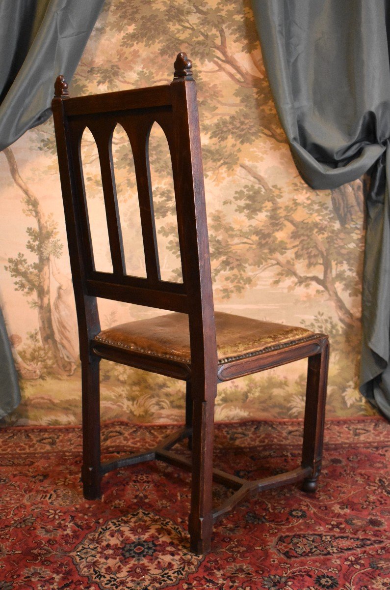 Gothic Style Chair, Leather Seat, Office Chair, 19th Century-photo-4