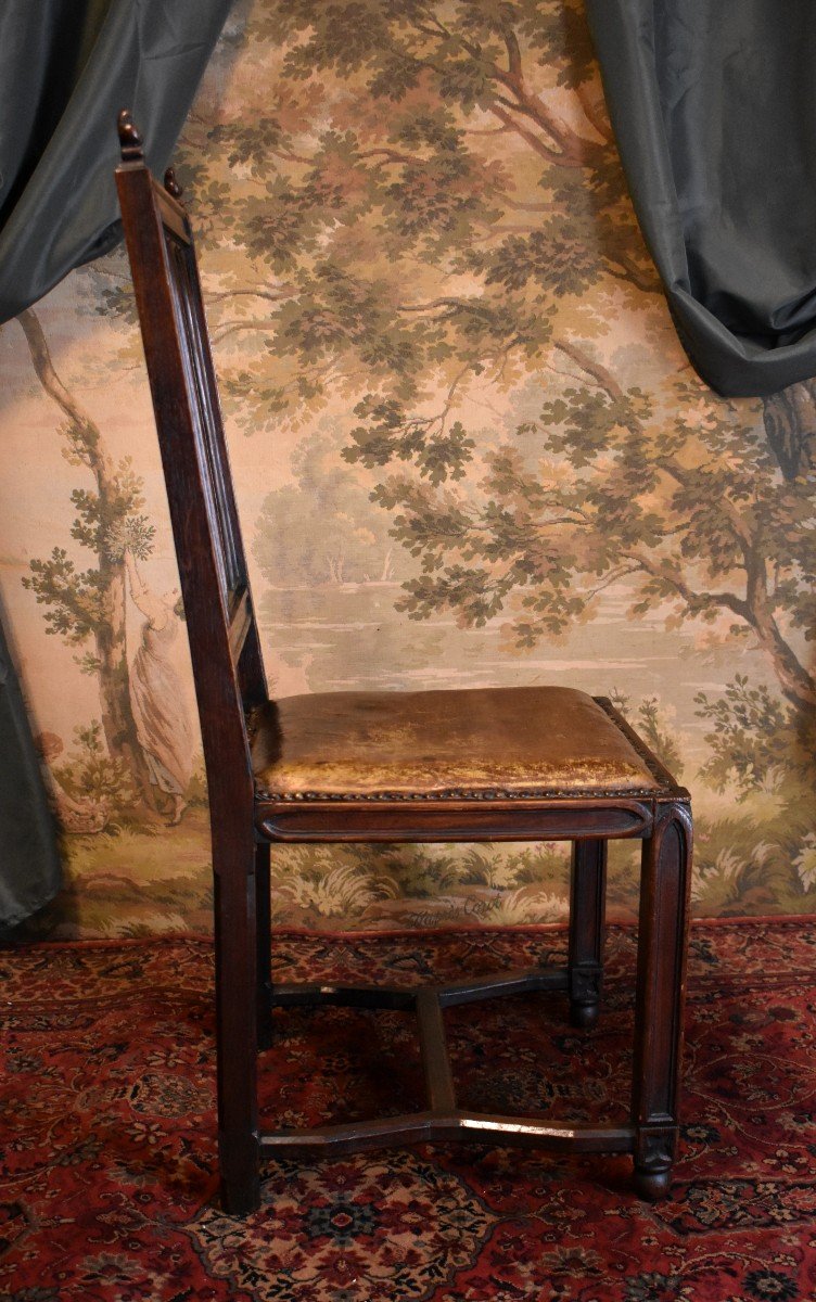 Chaise De Style Gothique , Assise Cuir, Chaise De Bureau, Epoque XIX ème-photo-5